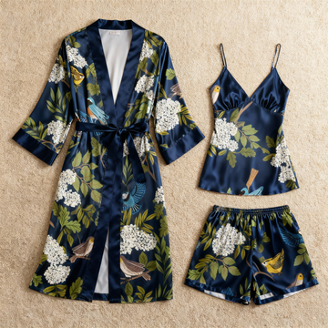 Elegant Satin Loungewear Trio with Florals & Birds Design