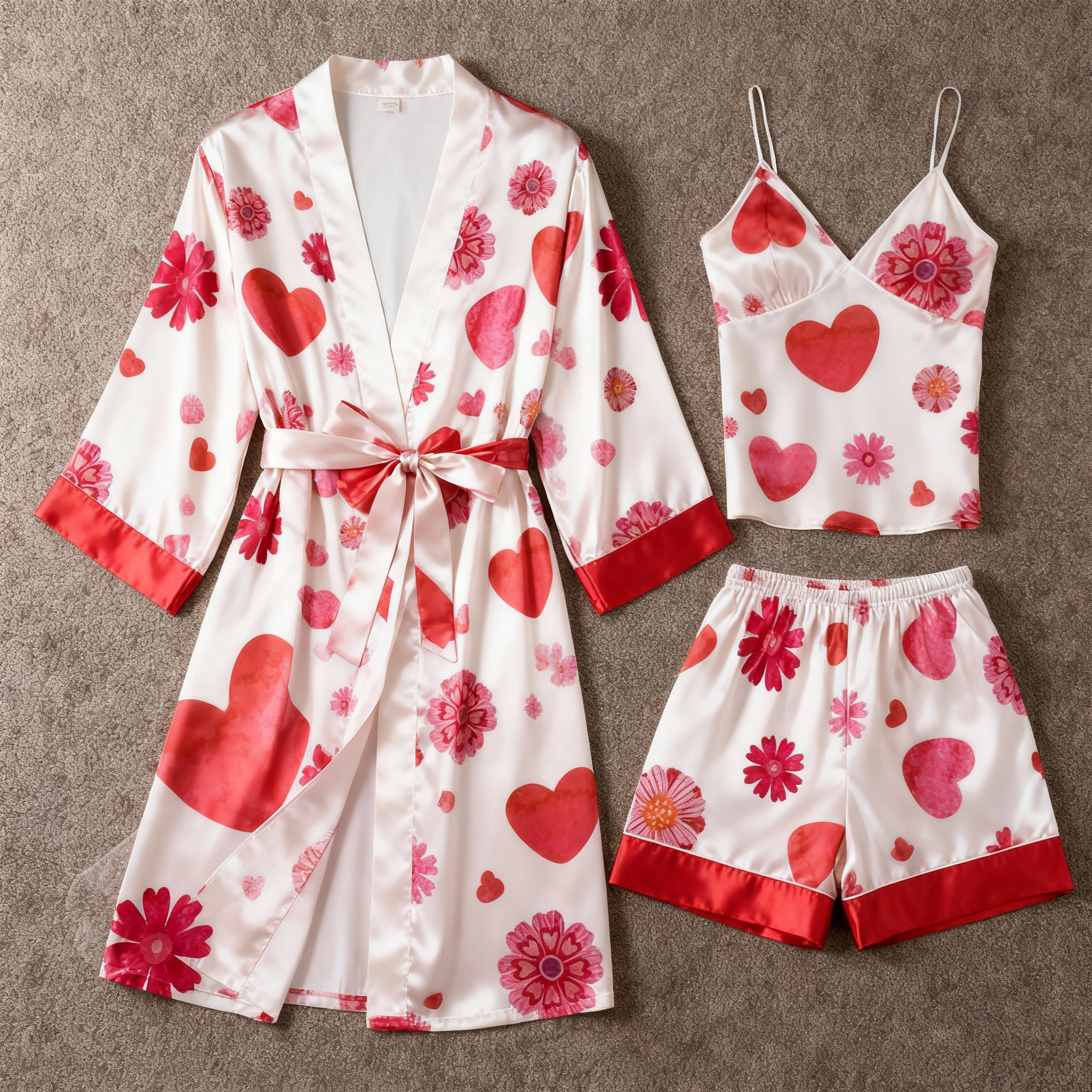 Elegant Satin 3-Piece Loungewear Set with Sweet Heart Pattern