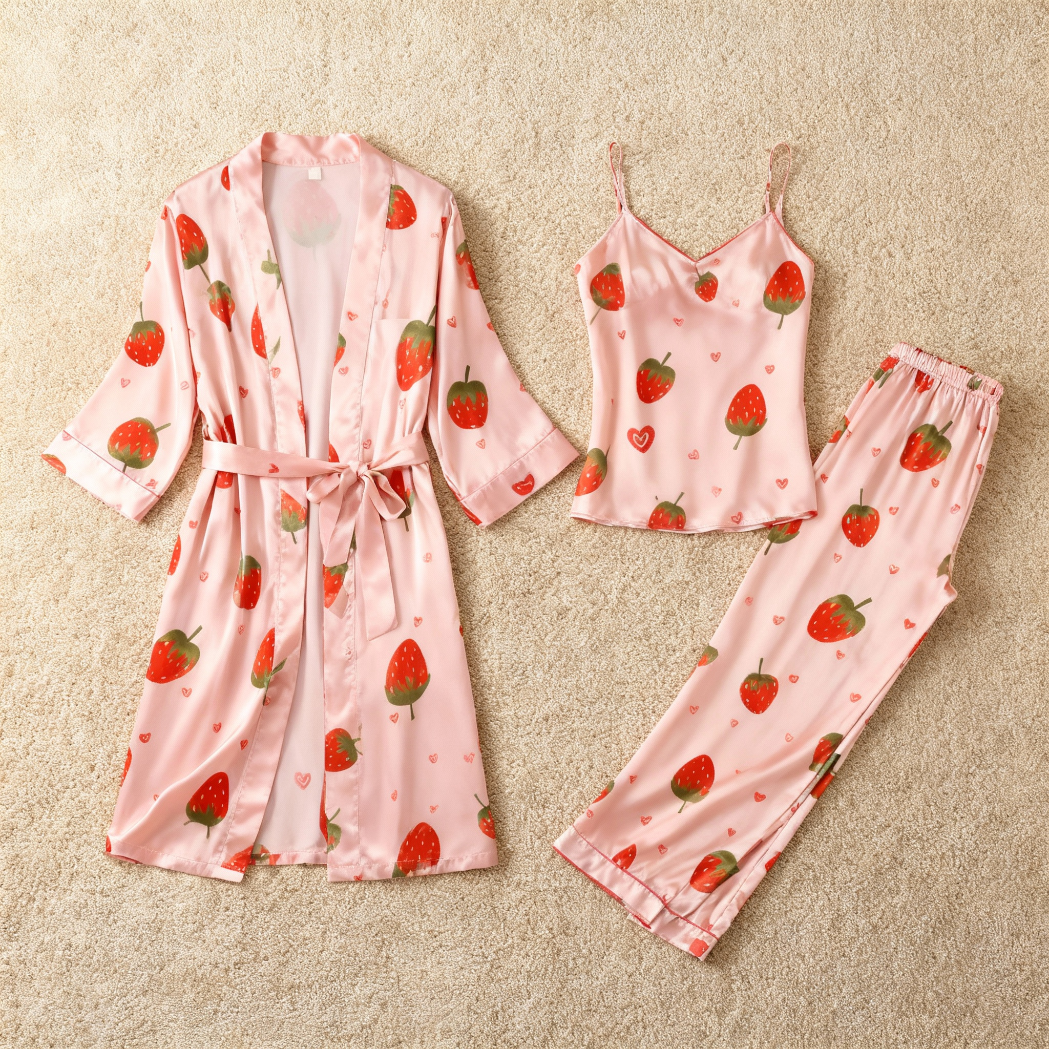 Women's 3-Piece Lovely Strawberry Satin Loungewear