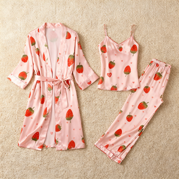 Women's 3-Piece Lovely Strawberry Satin Loungewear