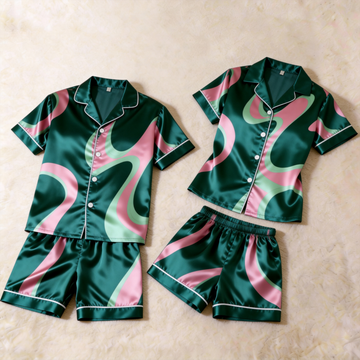 Satin Artistic Print Vintage Green Pajama Set – Unique Couple Sleepwear