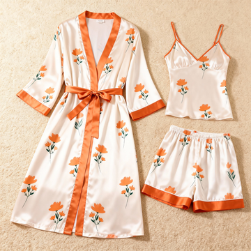 Gentle Petal Motif 3-Piece Satin Lounge Set for Women