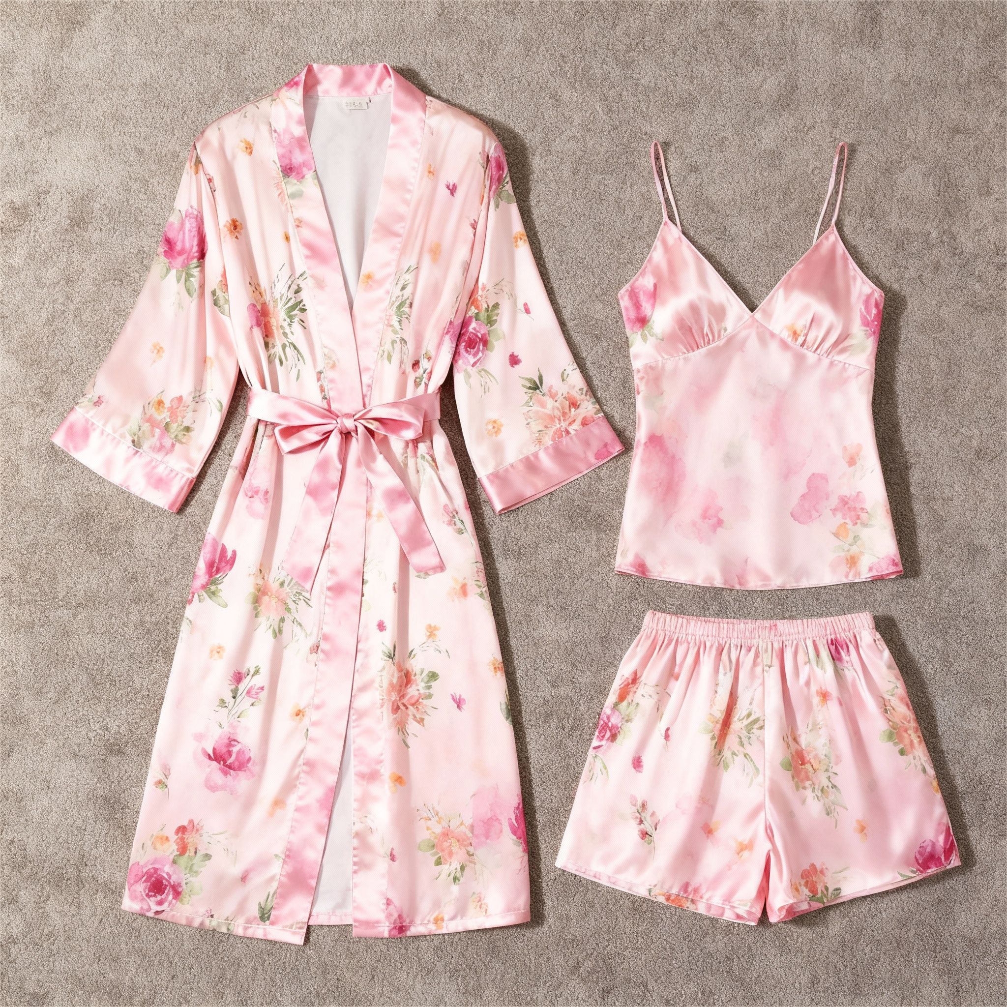 Elegant Satin Loungewear Trio with Romantic Pink Florals Design