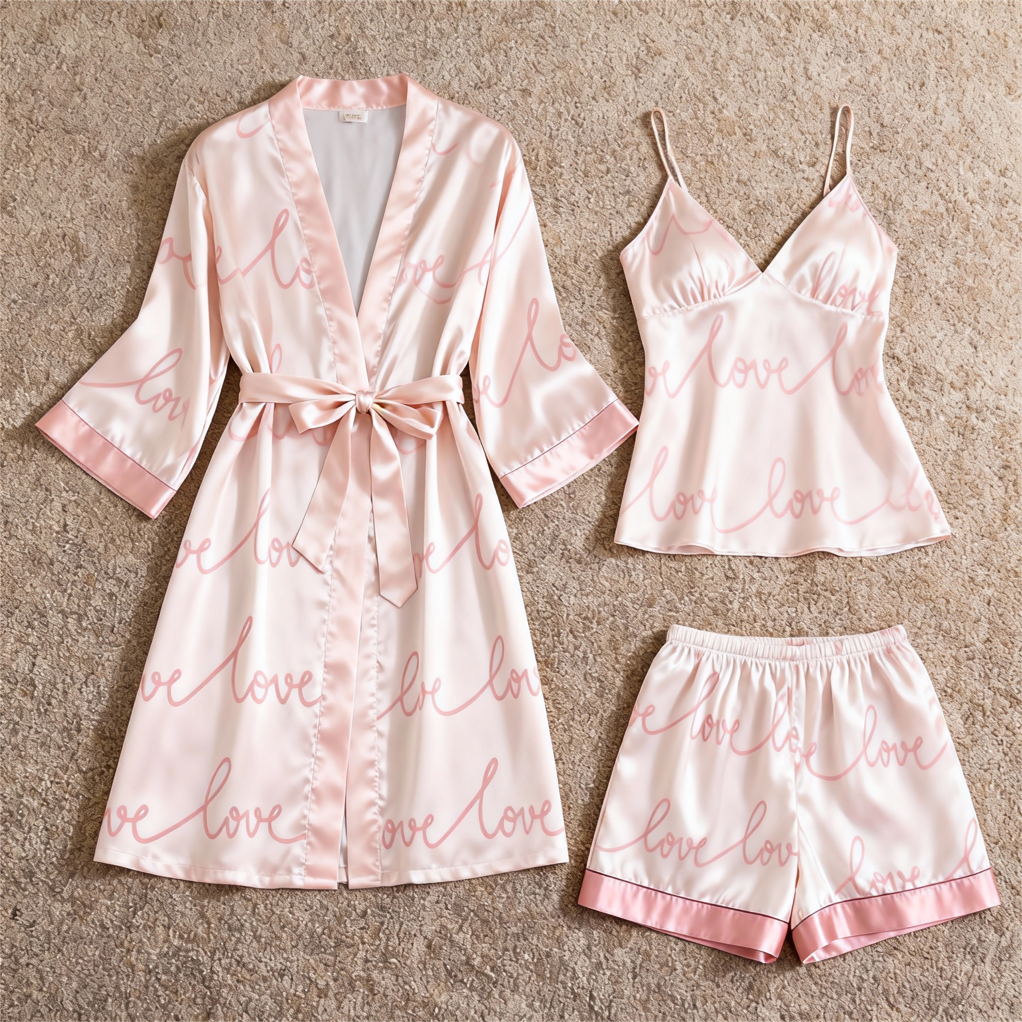 Elegant Satin 3-Piece Loungewear Set with Romantic Love Design