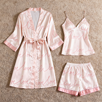Elegant Satin 3-Piece Loungewear Set with Romantic Love Design