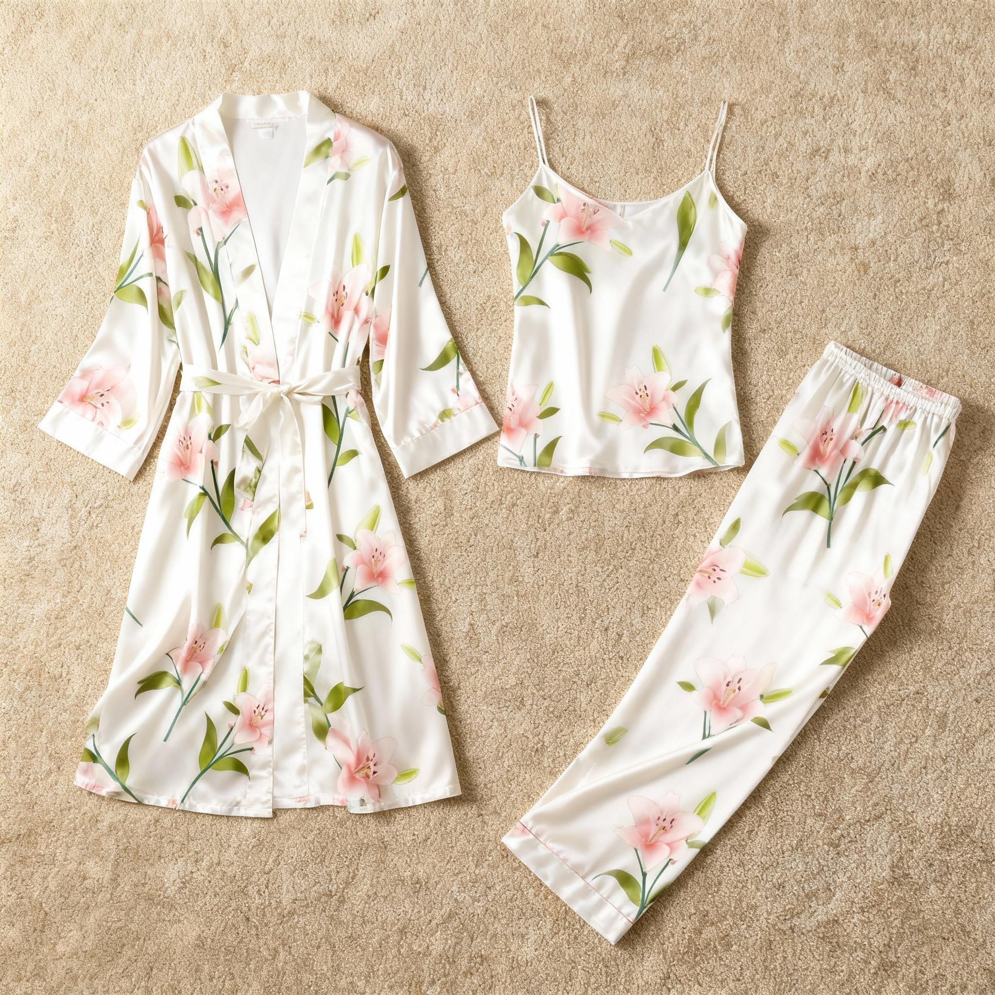 Women's 3-Piece Lily flower Print Satin Loungewear