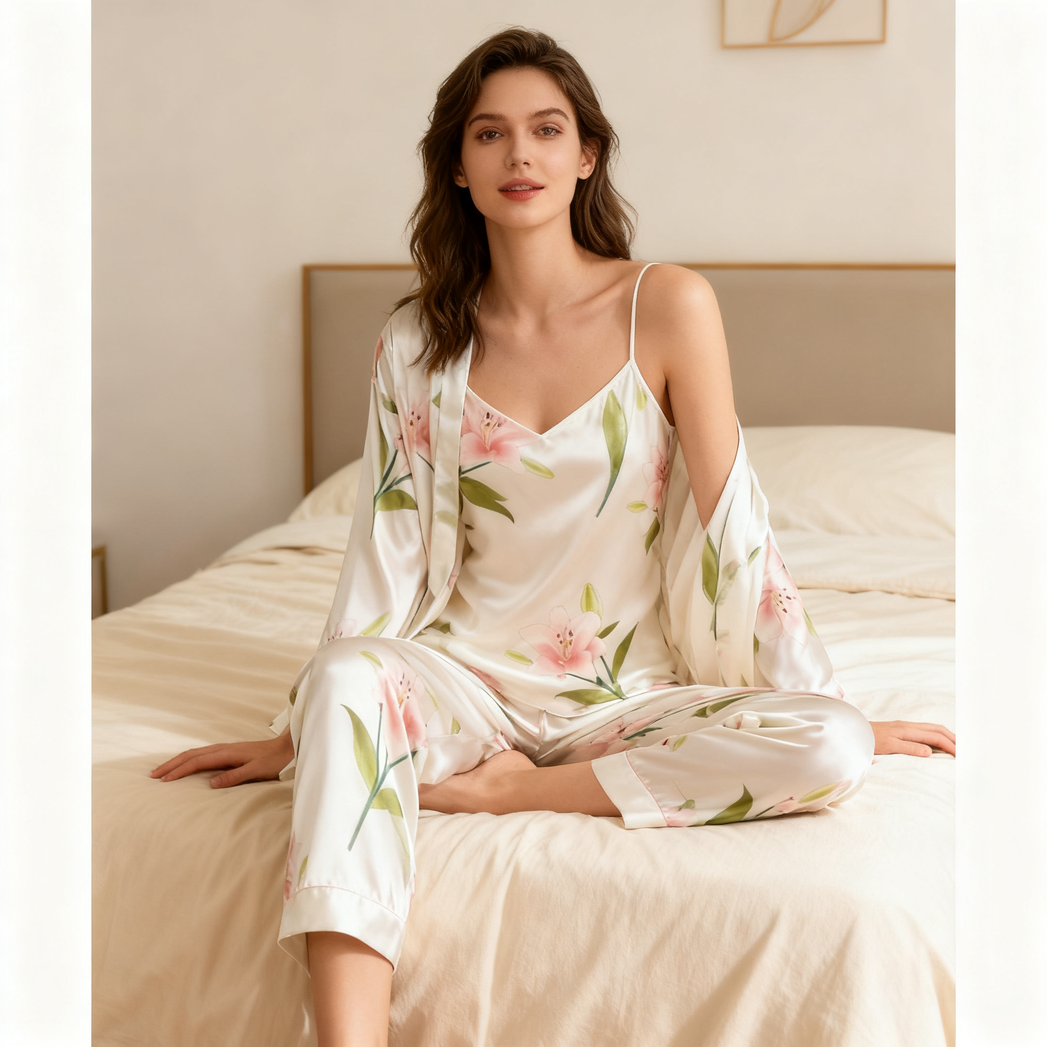 Women's 3-Piece Lily flower Print Satin Loungewear
