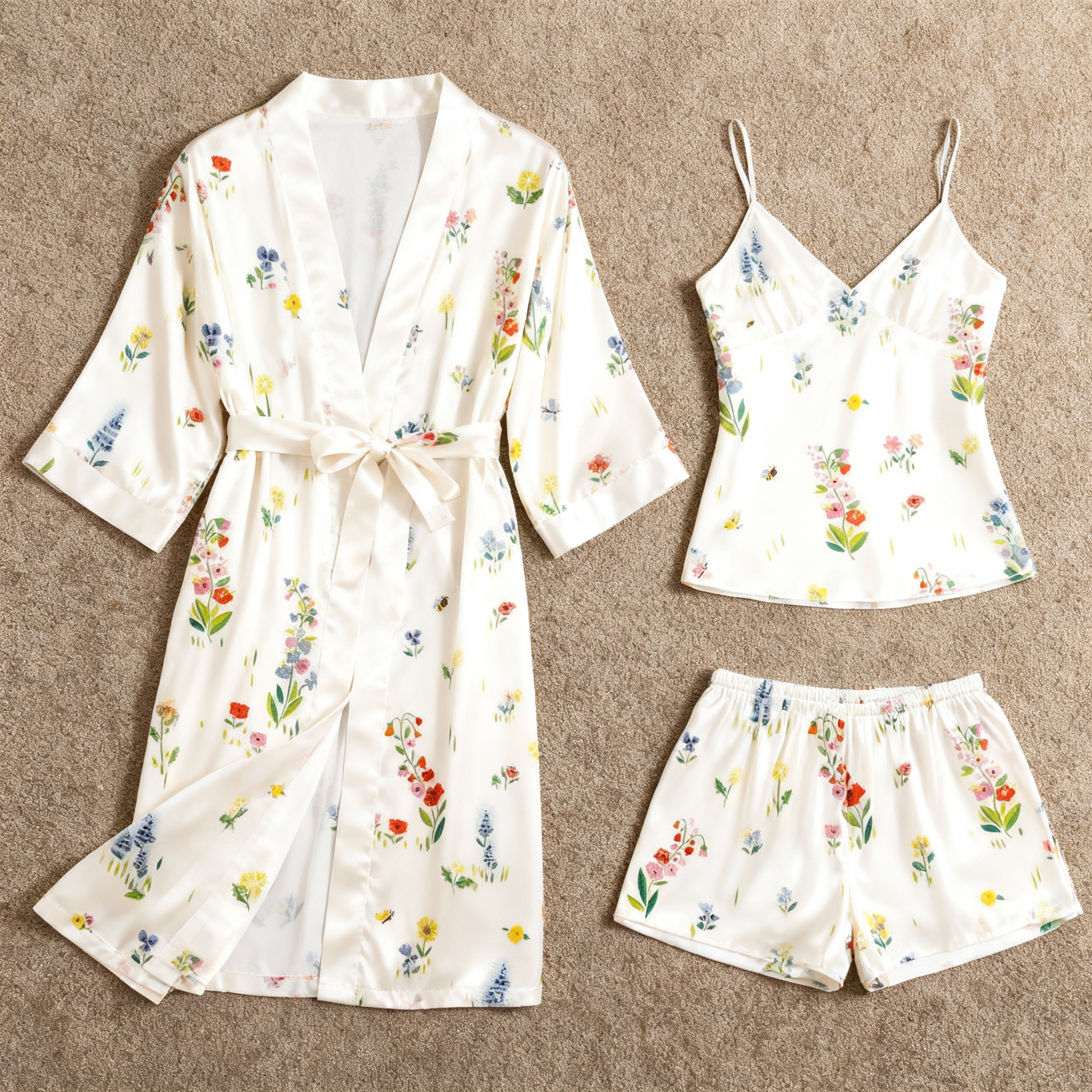 Elegant Satin Loungewear Trio with Light Botanical Floral Design
