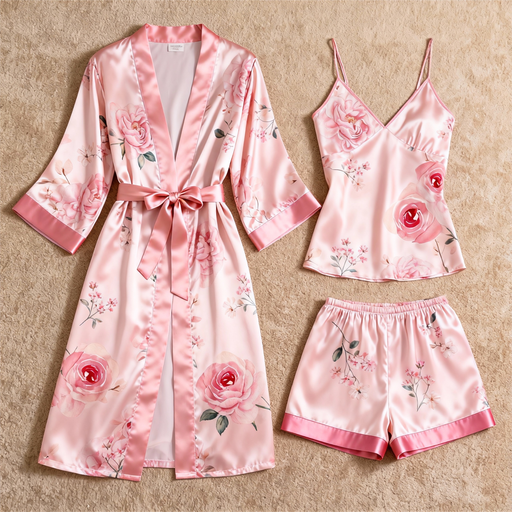 Elegant Satin 3-Piece Loungewear Set with Pink Rose Design