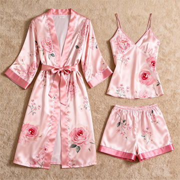 Elegant Satin 3-Piece Loungewear Set with Pink Rose Design