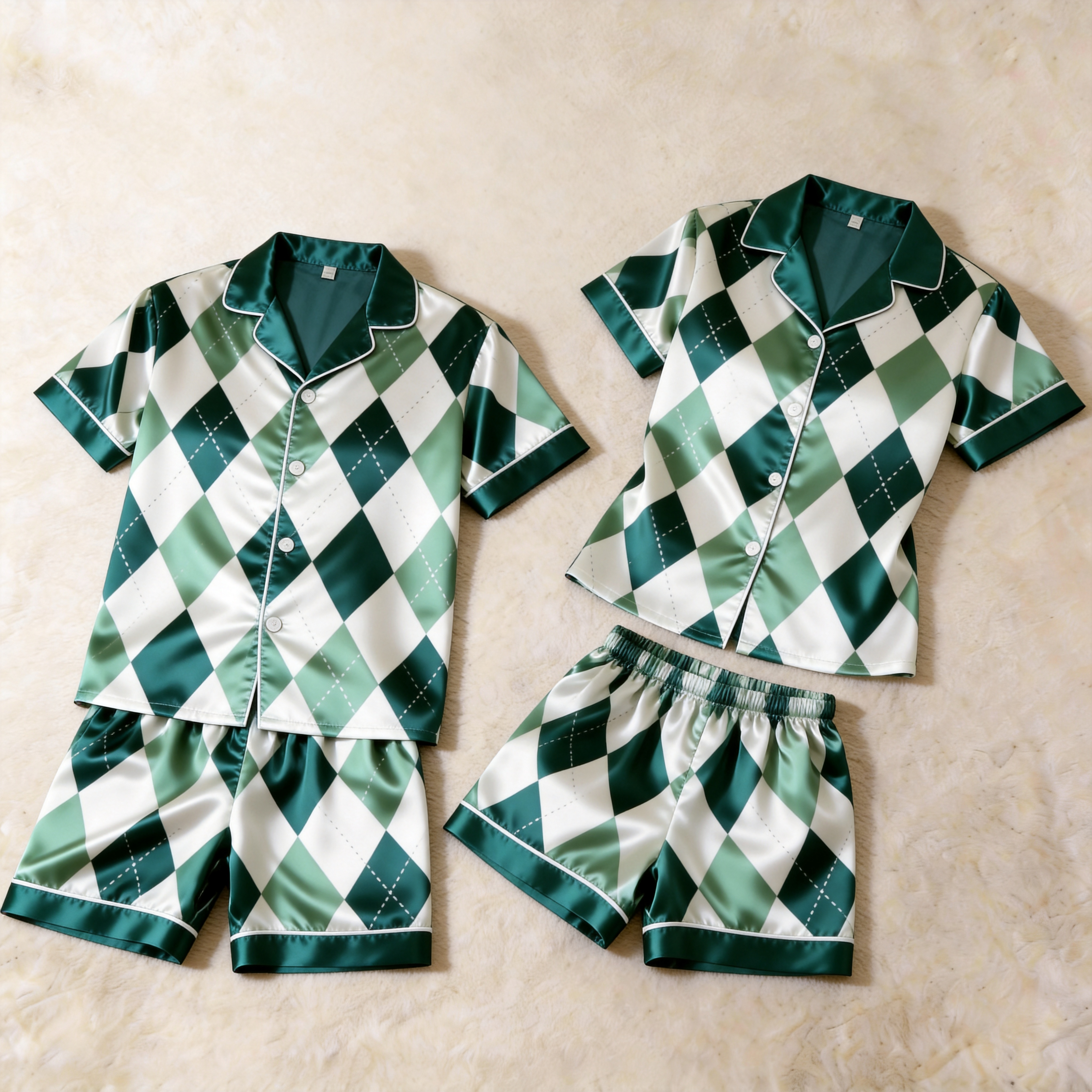 Satin Plaid Print Vintage Green Pajama Set – Unique Couple Sleepwear