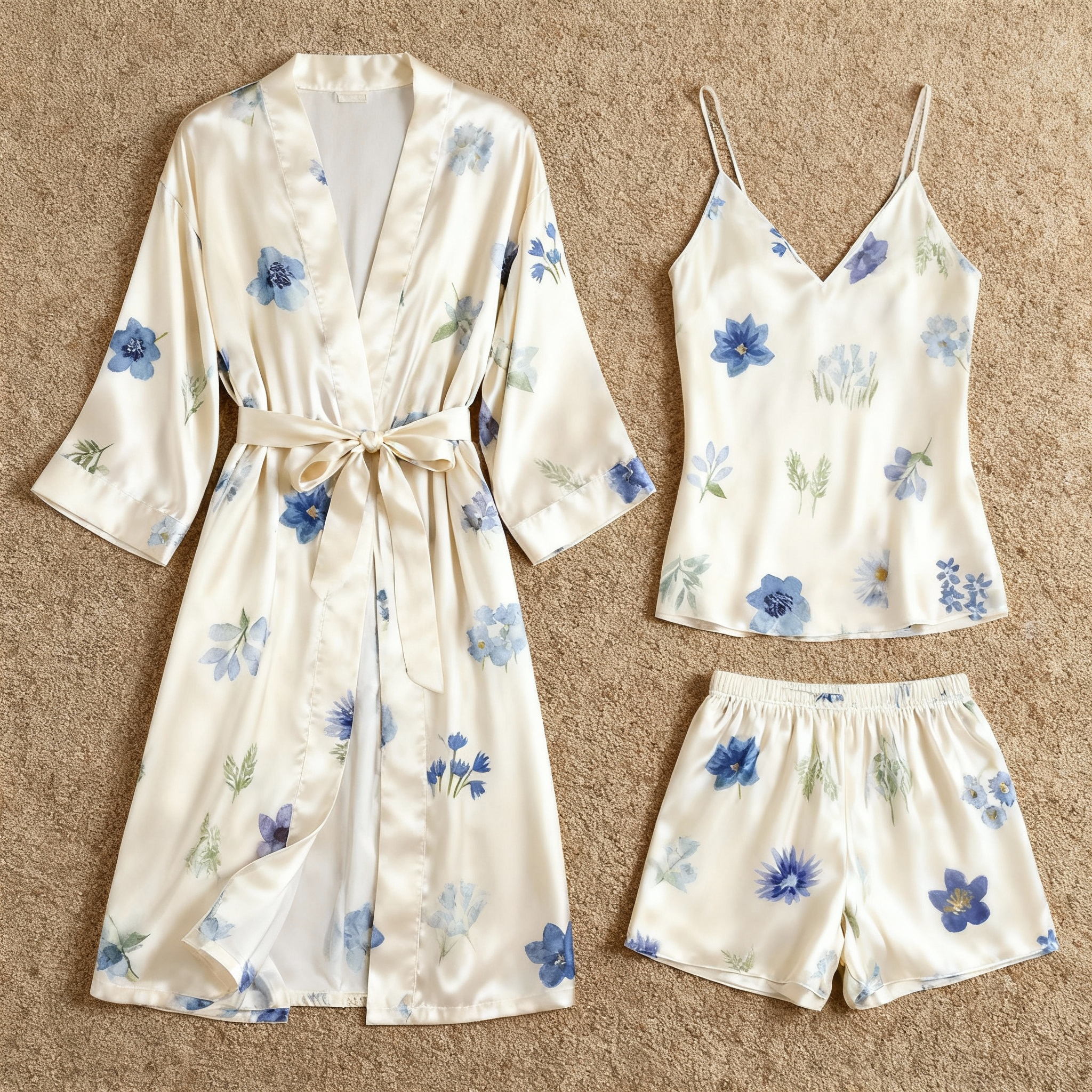 Watercolor Floral Pattern Glow Silky Satin 3-Piece Loungewear Set
