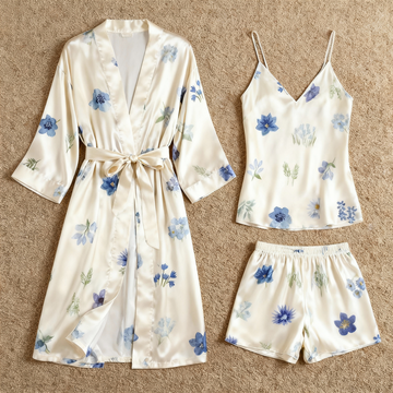 Watercolor Floral Pattern Glow Silky Satin 3-Piece Loungewear Set