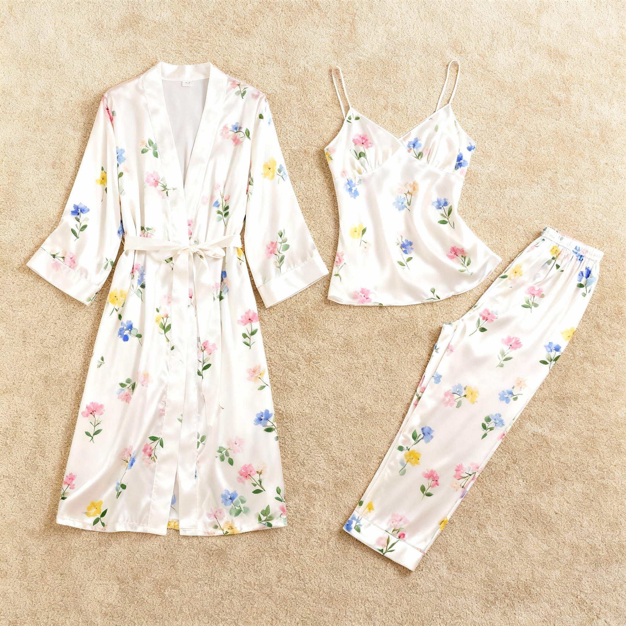 Women's Satin 3-Piece Loungewear Set in Romantic Colorful Floral Style