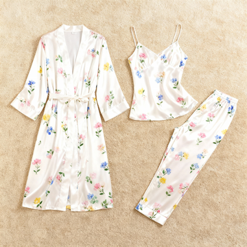 Women's Satin 3-Piece Loungewear Set in Romantic Colorful Floral Style