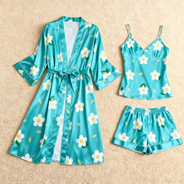 Floral Motif 3-Piece Bright Green Satin Lounge Set for Women