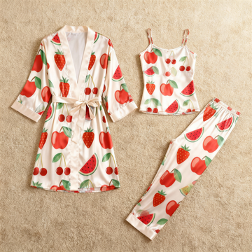 Women's 3-Piece Sweet Fruits Satin Loungewear