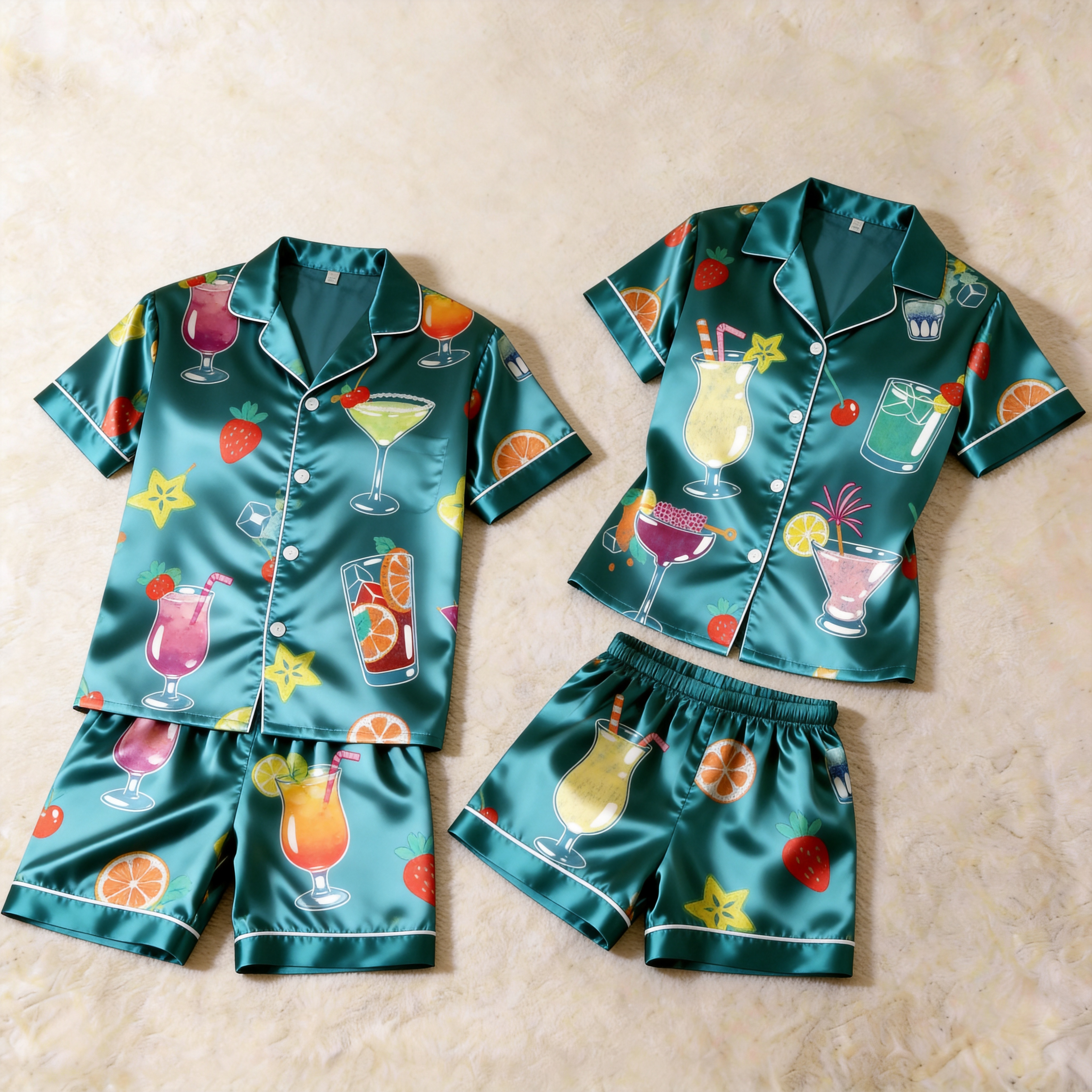 Silky Satin Juice Print Pajama Set – Playful Couple Sleepwear