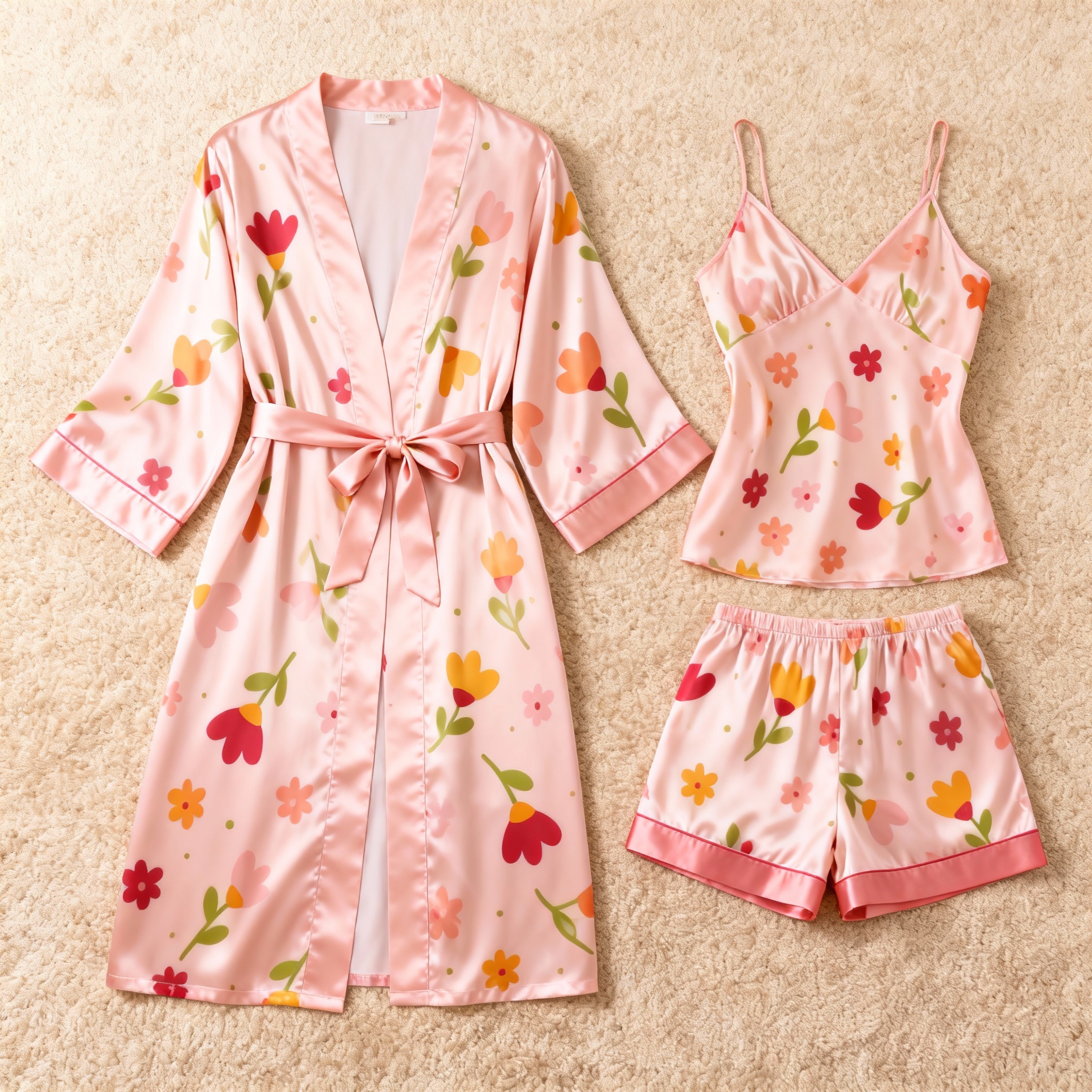Colorful Floral Motif 3-Piece Satin Lounge Set for Women