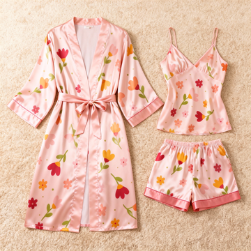 Colorful Floral Motif 3-Piece Satin Lounge Set for Women