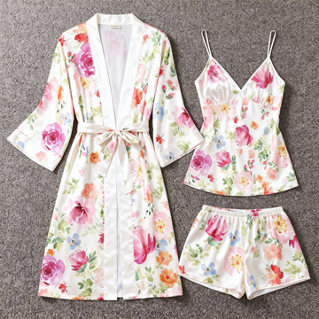 Elegant Satin Loungewear Trio with Dreamy Soft-Blossom Design