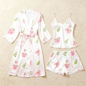 Elegant Satin 3-Piece Loungewear Set with Floral Design