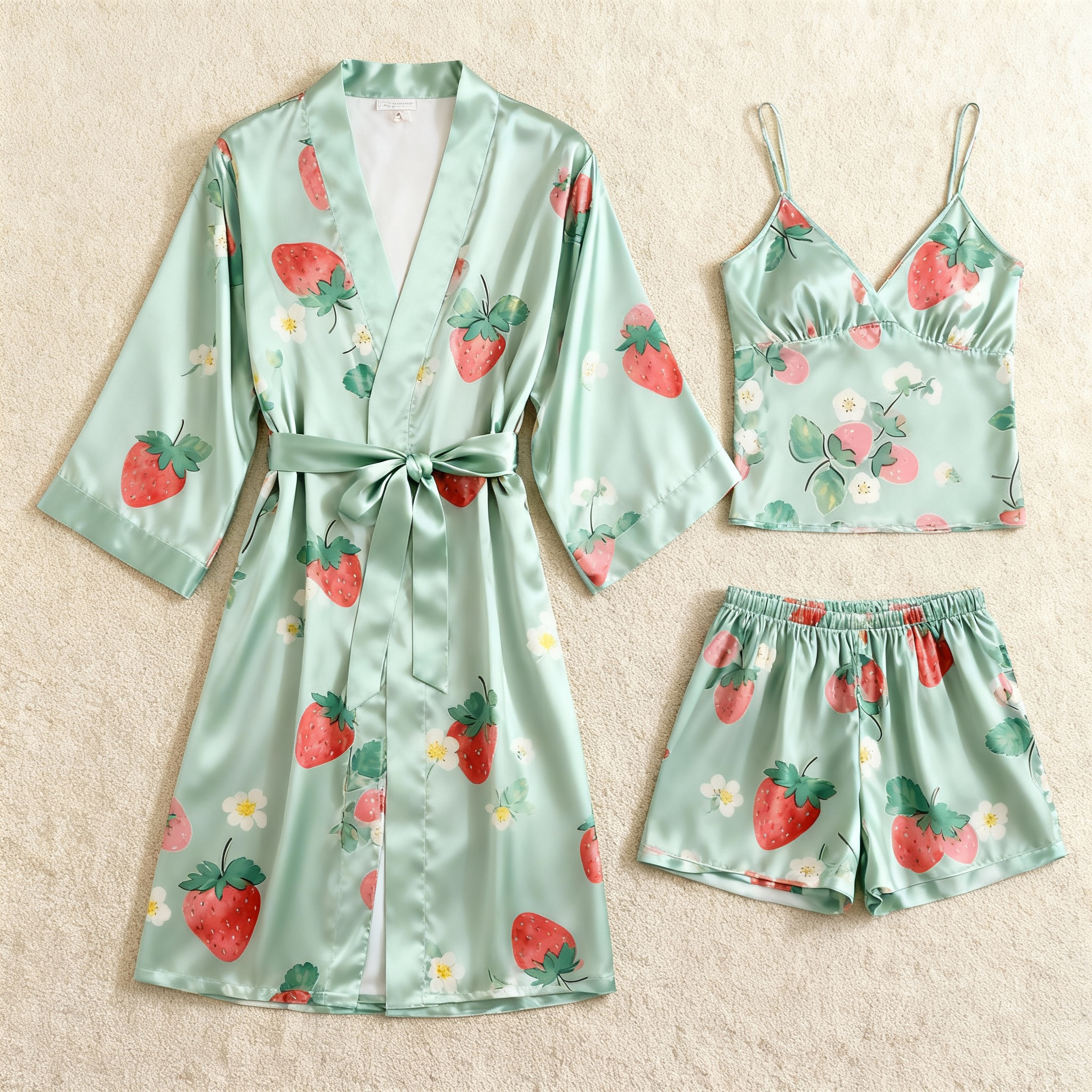 Elegant Satin Loungewear Trio with Juicy Strawberry Print
