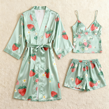 Elegant Satin Loungewear Trio with Juicy Strawberry Print