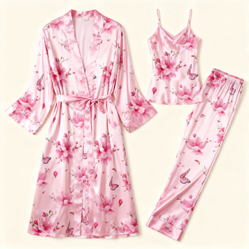 Women's 3-Piece Pink Elegant Floral Satin Lounge Outfit