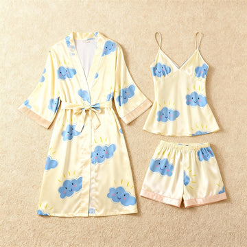 Blue Cloud Print Elegance 3-Piece Satin Lounge Set for Women