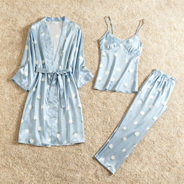 Women's 3-Piece Dreamy Blue Floral Satin Loungewear