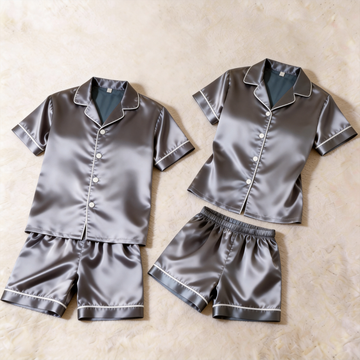 Elegant Grey Satin Solid Sleepwear – Understated Luxury Couple Set