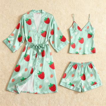 Juicy Strawberry Motif 3-Piece Satin Lounge Set for Women