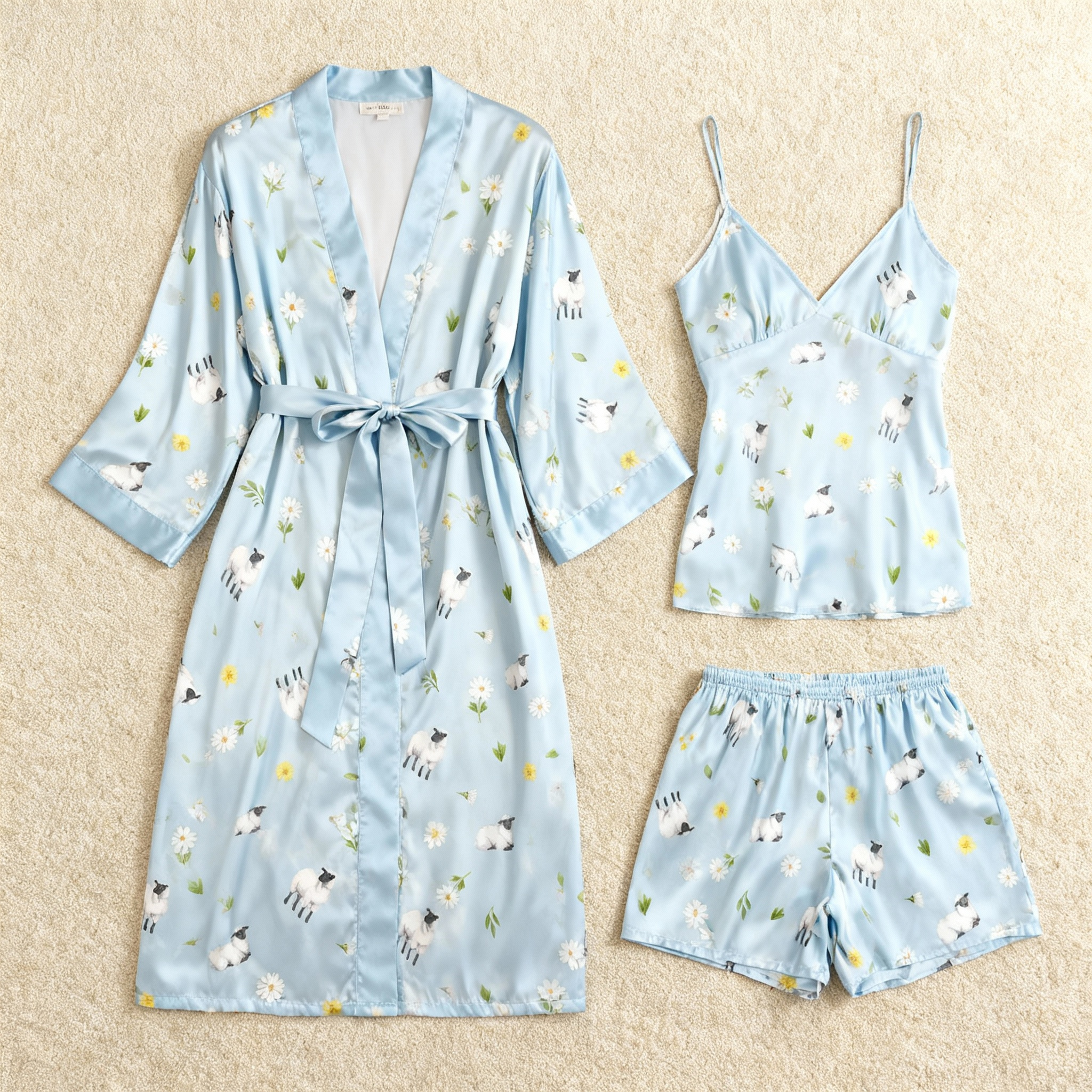 Sheep Pattern Glow Silky Satin 3-Piece Loungewear Set