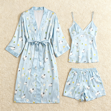 Sheep Pattern Glow Silky Satin 3-Piece Loungewear Set