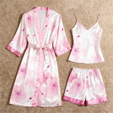 Elegant Satin 3-Piece Loungewear Set with Floral Garden Pattern