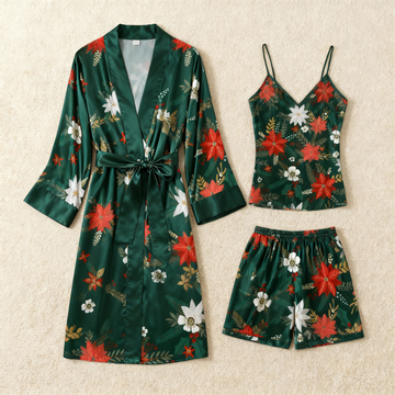 Elegant Satin Vintage Green Loungewear Trio with Floral Design