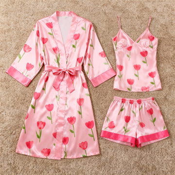 Elegant Satin 3-Piece Loungewear Set with Garden Bloom Pattern