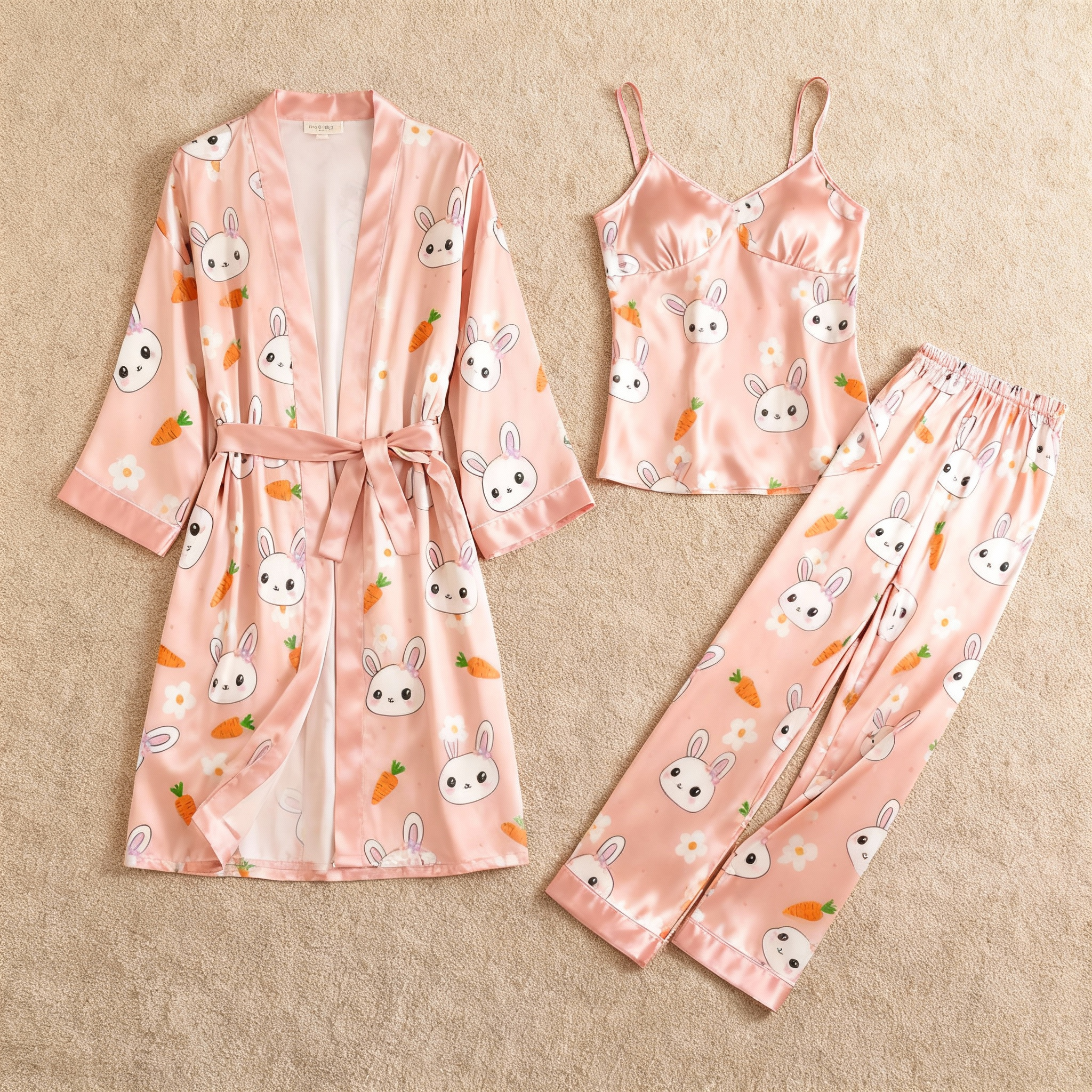 Women's Satin 3-Piece Loungewear Set in Cute Rabbit & Carrot Style