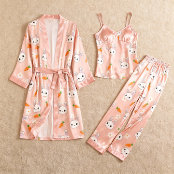 Women's Satin 3-Piece Loungewear Set in Cute Rabbit & Carrot Style