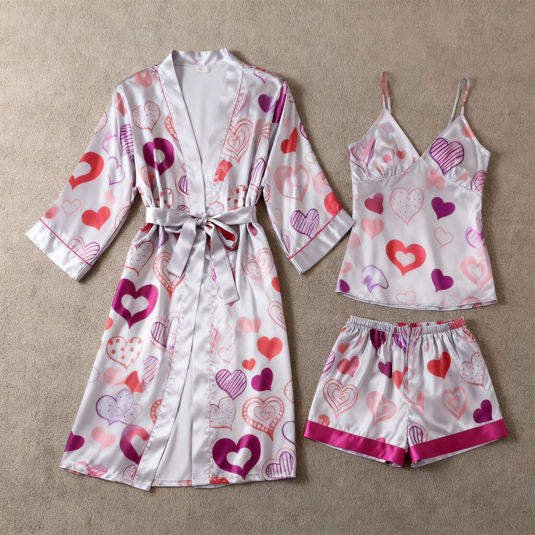 Satin 3-Piece Loungewear Set with Elegant Heart Pattern