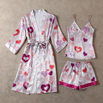 Satin 3-Piece Loungewear Set with Elegant Heart Pattern
