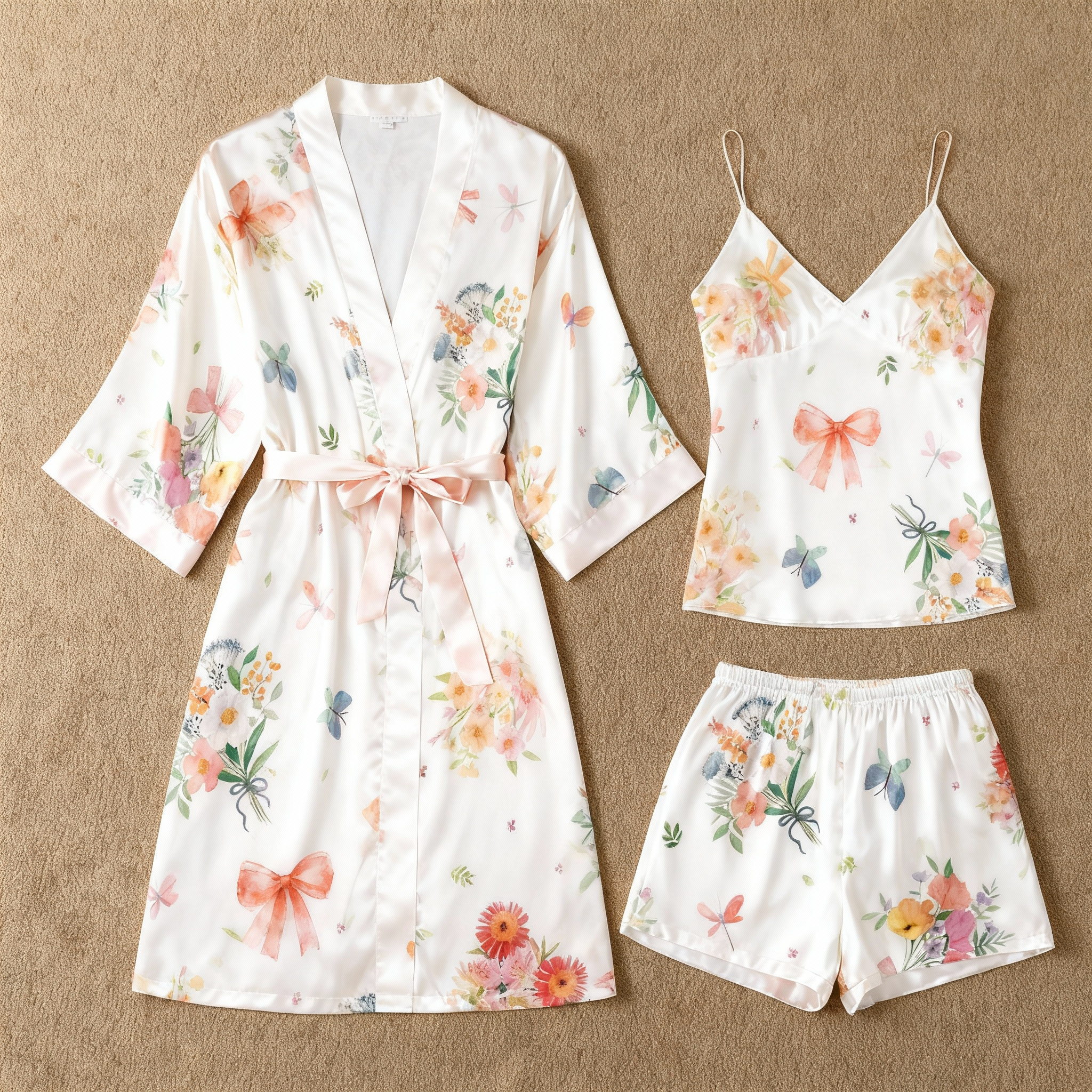 Elegant Satin Loungewear Trio with Floral & Ribbon Mix Design