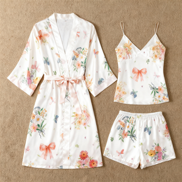 Elegant Satin Loungewear Trio with Floral & Ribbon Mix Design