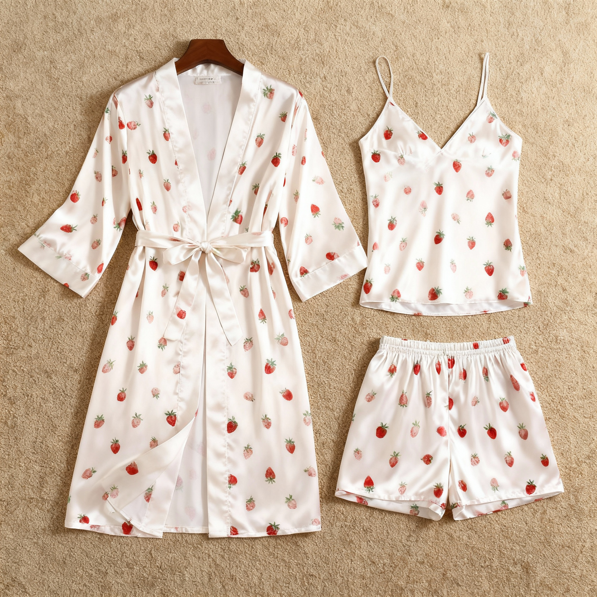 Elegant Satin Loungewear Trio with Lovely Strawberry Motif
