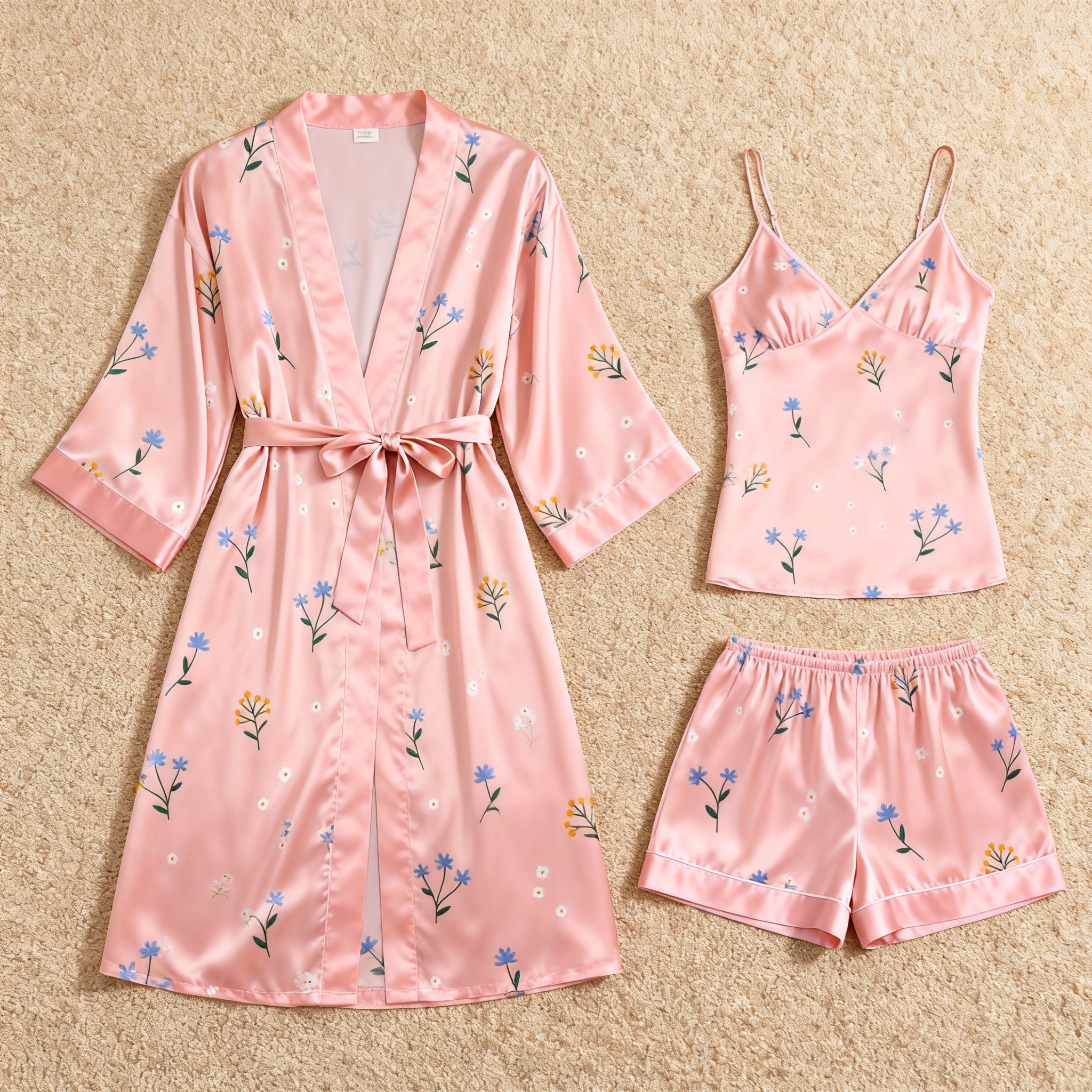 Floral Motif 3-Piece Pink Satin Lounge Set for Women
