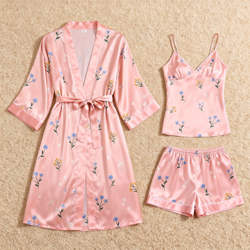 Floral Motif 3-Piece Pink Satin Lounge Set for Women