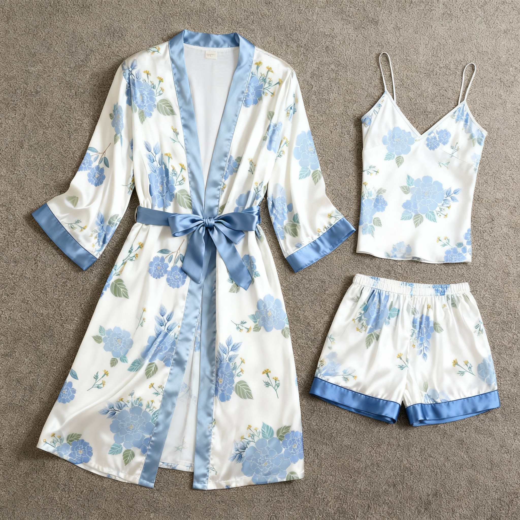 Satin 3-Piece Loungewear Set with Dreamy Blue Floral Pattern