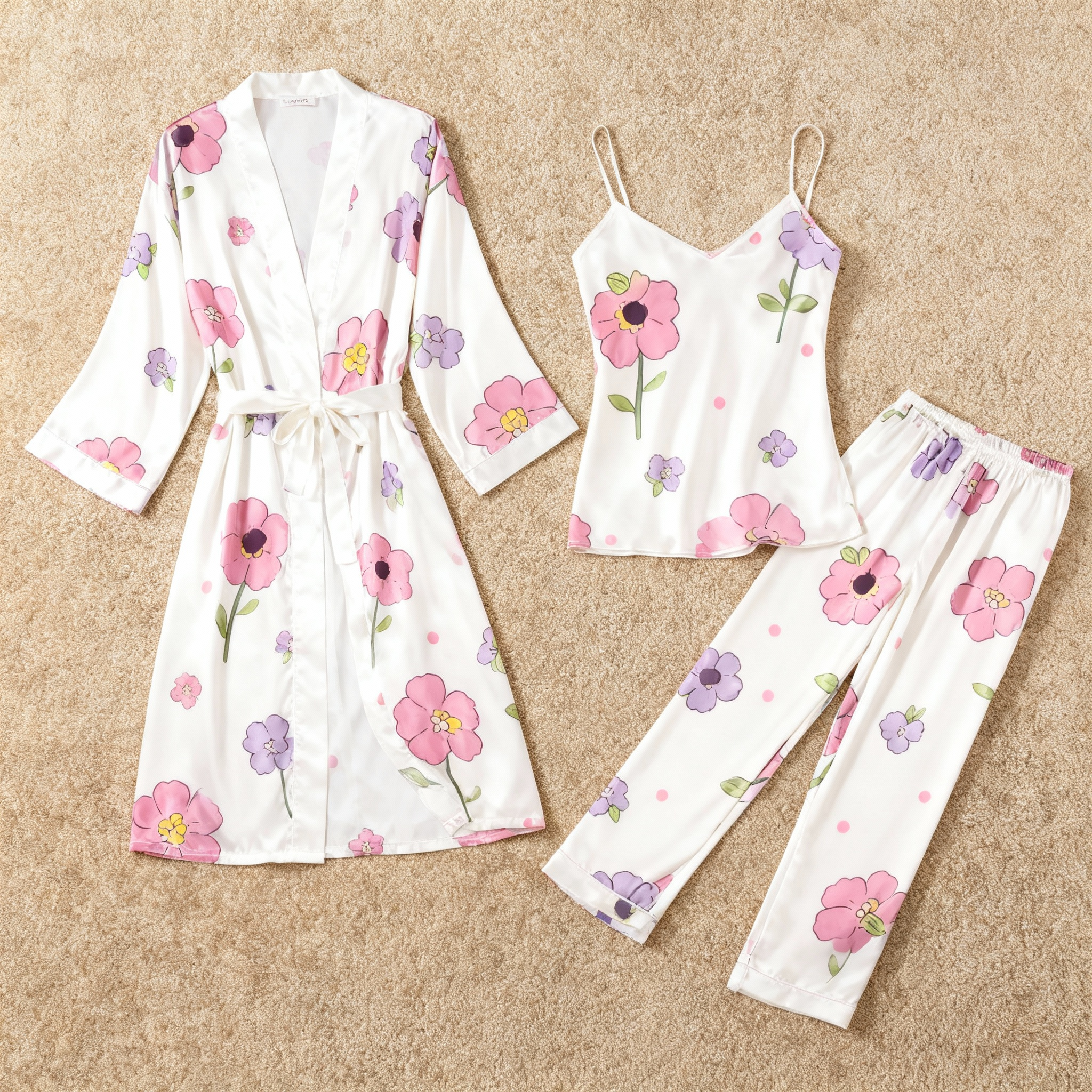 Women's Satin 3-Piece Loungewear Set in Elegant Floral Style