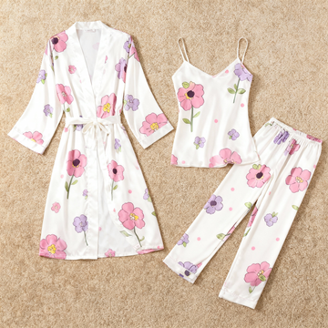 Women's Satin 3-Piece Loungewear Set in Elegant Floral Style